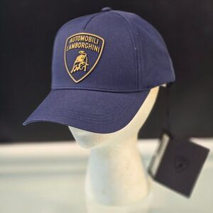 Automobili Lamborghini Unisex Cap Navy Blue Gold Shield Logo Baseball Hat NWT